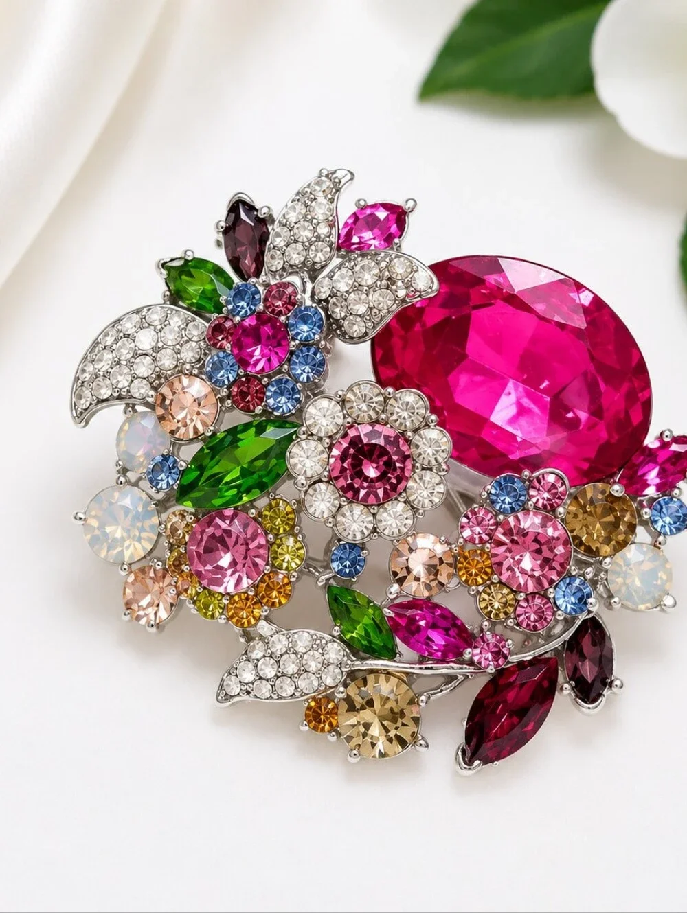 Elegant Floral Rhinestone Brooch | Multicolor Crystal Pin | Vintage